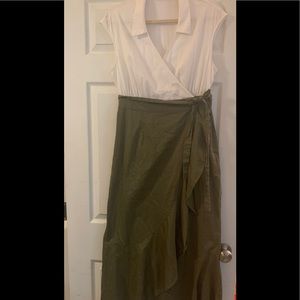 NY&CO white & sage green wrap dress with ruffle